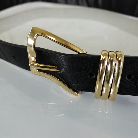 Belt Womens Medium Large Black Leather Gold Buckle Statement‎ Modern Party Dress - Picture 1 of 11